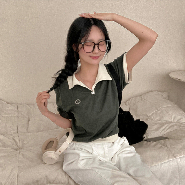 半袖Tシャツ バイカラークロップ半袖Tシャツ KHAKI