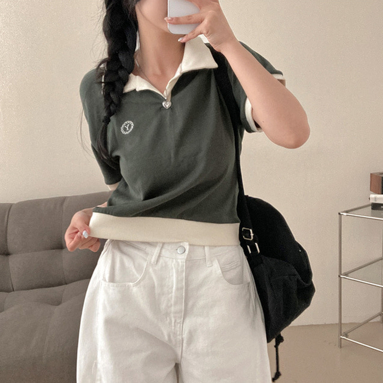 半袖Tシャツ バイカラークロップ半袖Tシャツ KHAKI