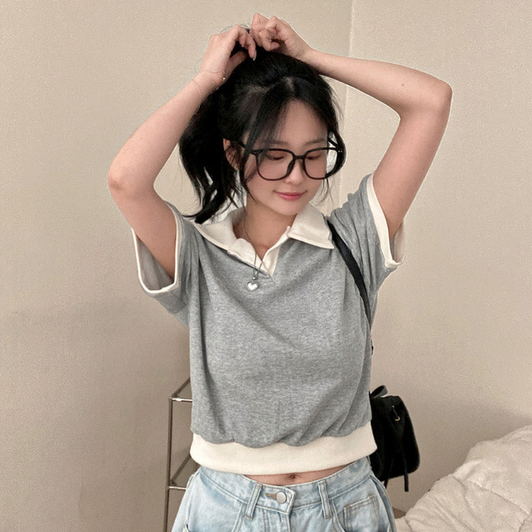 半袖Tシャツ バイカラークロップ半袖Tシャツ GREY