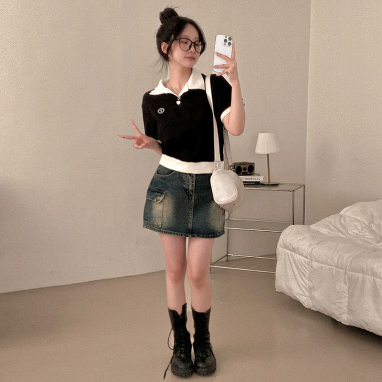 半袖Tシャツ バイカラークロップ半袖Tシャツ BLACK
