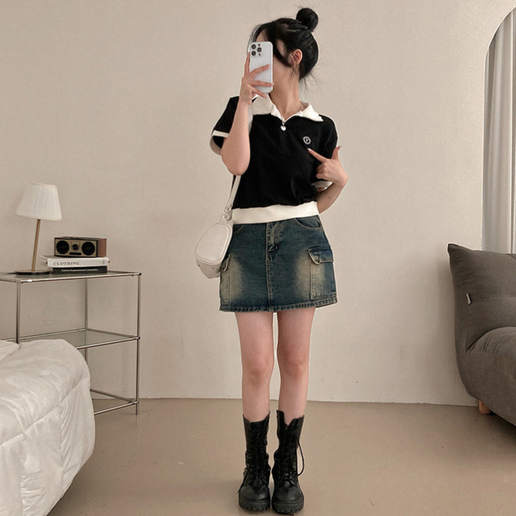 半袖Tシャツ バイカラークロップ半袖Tシャツ BLACK