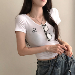 半袖Tシャツ 刺繍Vネッククロップ半袖Tシャツ WHITE