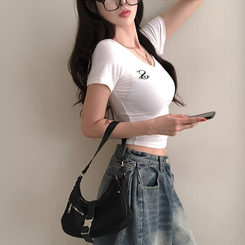 半袖Tシャツ 刺繍Vネッククロップ半袖Tシャツ WHITE