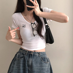 半袖Tシャツ 刺繍Vネッククロップ半袖Tシャツ WHITE