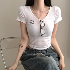 半袖Tシャツ 刺繍Vネッククロップ半袖Tシャツ WHITE