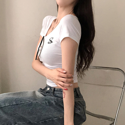 半袖Tシャツ 刺繍Vネッククロップ半袖Tシャツ WHITE
