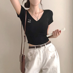 半袖Tシャツ 刺繍Vネッククロップ半袖Tシャツ BLACK
