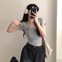 半袖Tシャツ 刺繍Vネッククロップ半袖Tシャツ GREY