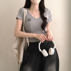 半袖Tシャツ 刺繍Vネッククロップ半袖Tシャツ GREY