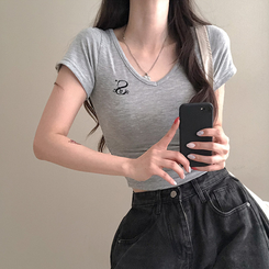 半袖Tシャツ 刺繍Vネッククロップ半袖Tシャツ GREY