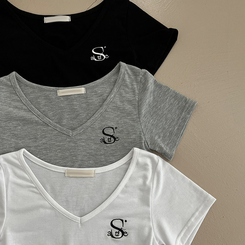 半袖Tシャツ 刺繍Vネッククロップ半袖Tシャツ