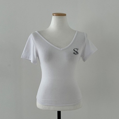 半袖Tシャツ 刺繍Vネッククロップ半袖Tシャツ