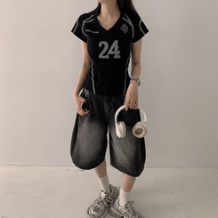 半袖Tシャツ Vネックナンバー半袖Tシャツ BLACK