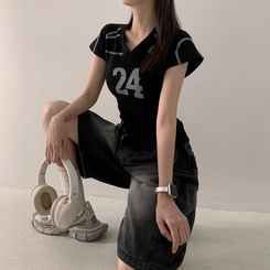 半袖Tシャツ Vネックナンバー半袖Tシャツ BLACK