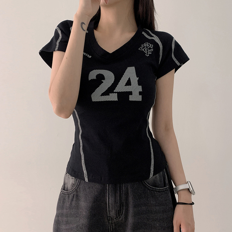 Vネックナンバー半袖Tシャツ BLACK