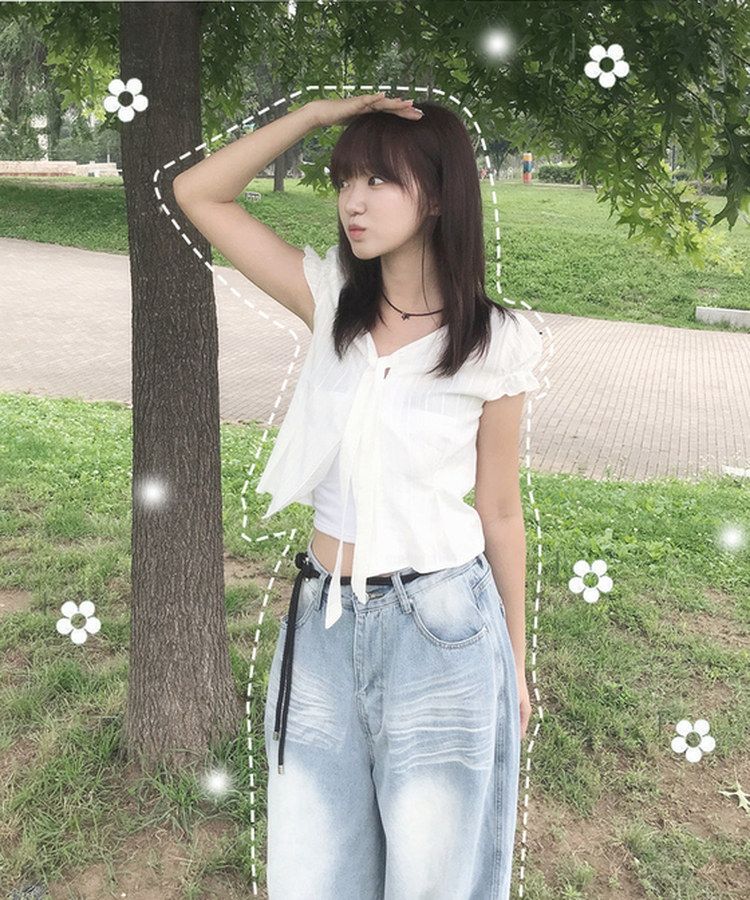 パフシャーリングリボンクロップブラウス WHITE