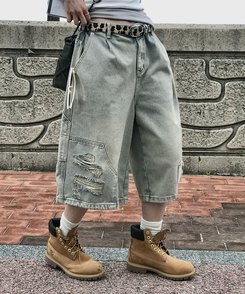 コットンパンツ ダメージバミューダパンツ LIGHT DENIM