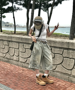 コットンパンツ ダメージバミューダパンツ LIGHT DENIM