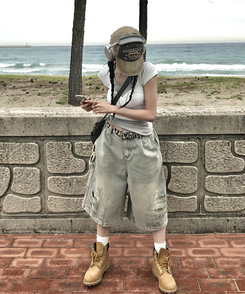 コットンパンツ ダメージバミューダパンツ LIGHT DENIM
