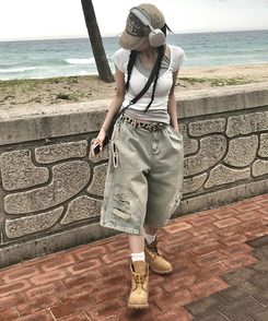 コットンパンツ ダメージバミューダパンツ LIGHT DENIM