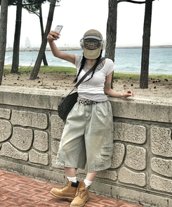 コットンパンツ ダメージバミューダパンツ LIGHT DENIM