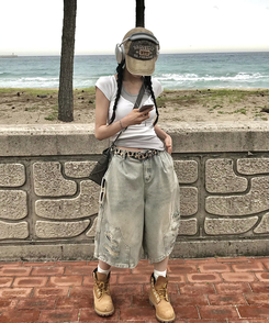 コットンパンツ ダメージバミューダパンツ LIGHT DENIM