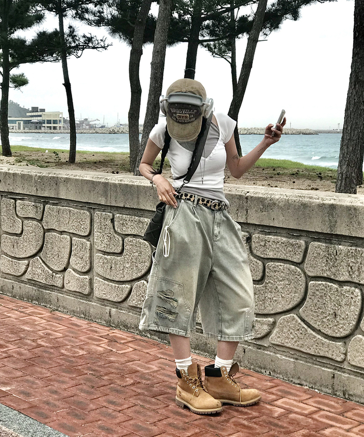 ダメージバミューダパンツ LIGHT DENIM