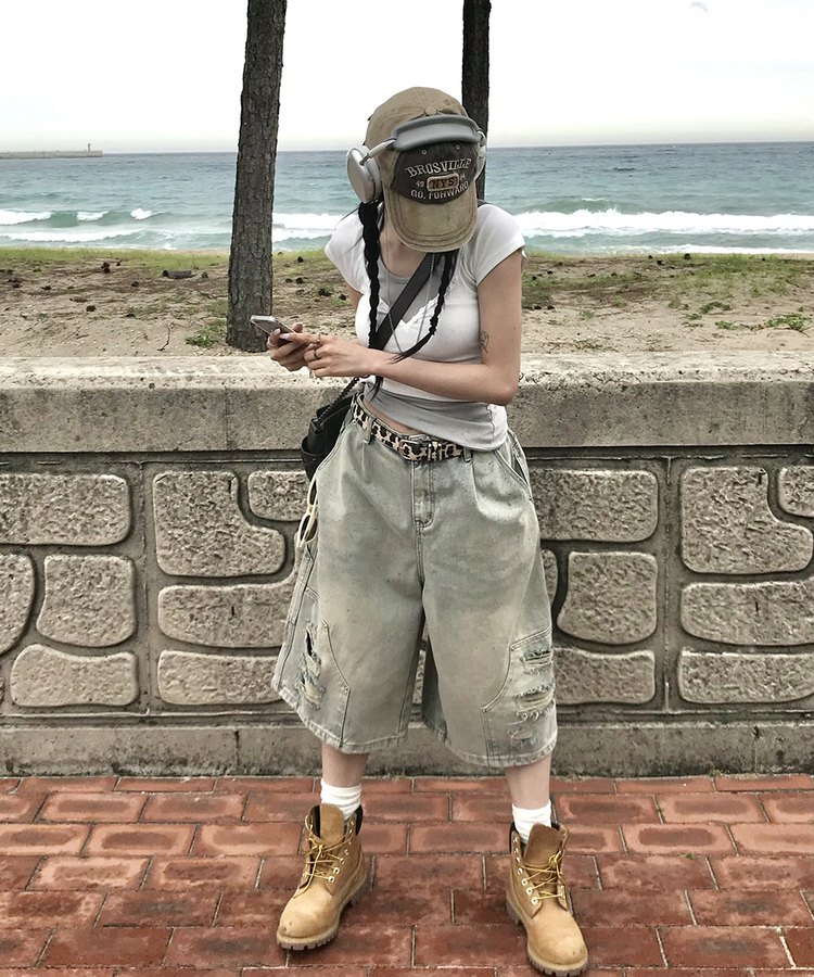 ダメージバミューダパンツ LIGHT DENIM