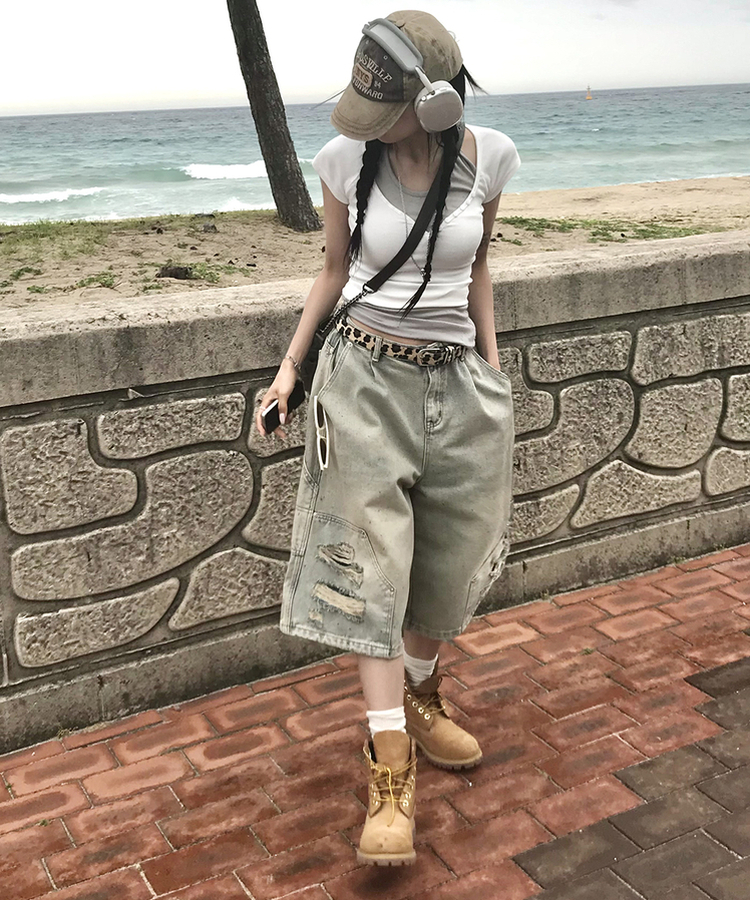 ダメージバミューダパンツ LIGHT DENIM