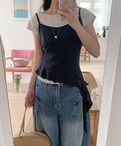ノースリーブ アンバランスフリルスリーブレス(5color) NAVY