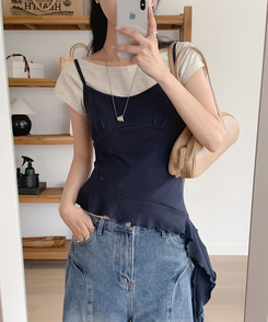 ノースリーブ アンバランスフリルスリーブレス(5color) NAVY