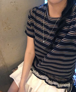 半袖Tシャツ ストライプフリル半袖Tシャツ NAVY