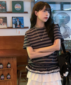 半袖Tシャツ ストライプフリル半袖Tシャツ NAVY