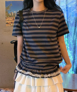 半袖Tシャツ ストライプフリル半袖Tシャツ NAVY