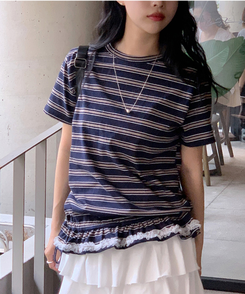 半袖Tシャツ ストライプフリル半袖Tシャツ NAVY