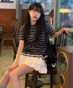 半袖Tシャツ ストライプフリル半袖Tシャツ NAVY