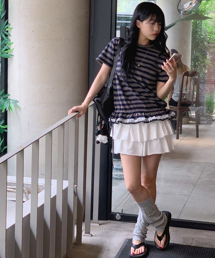 ストライプフリル半袖Tシャツ NAVY