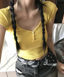 半袖Tシャツ ボタンクロップ半袖Tシャツ(6color) YELLOW