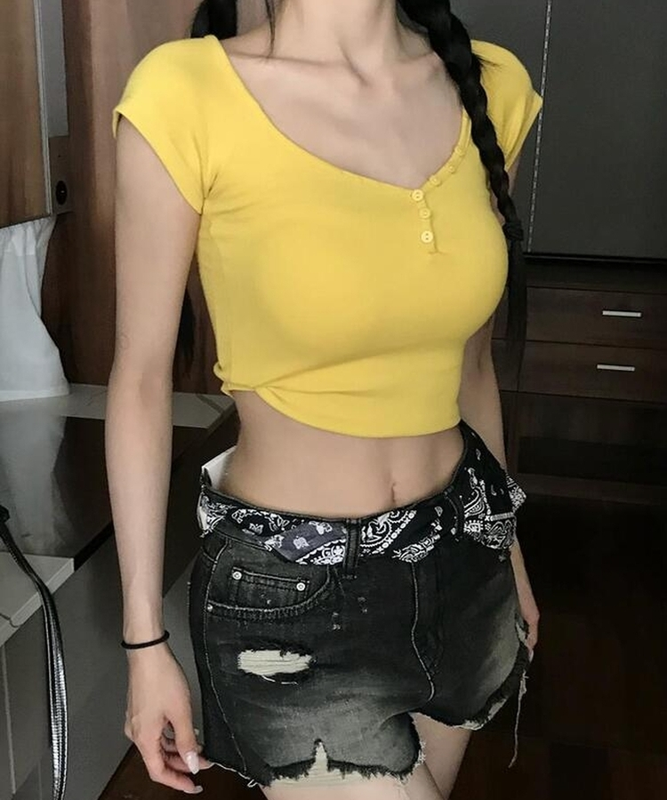 ボタンクロップ半袖Tシャツ(6color) YELLOW