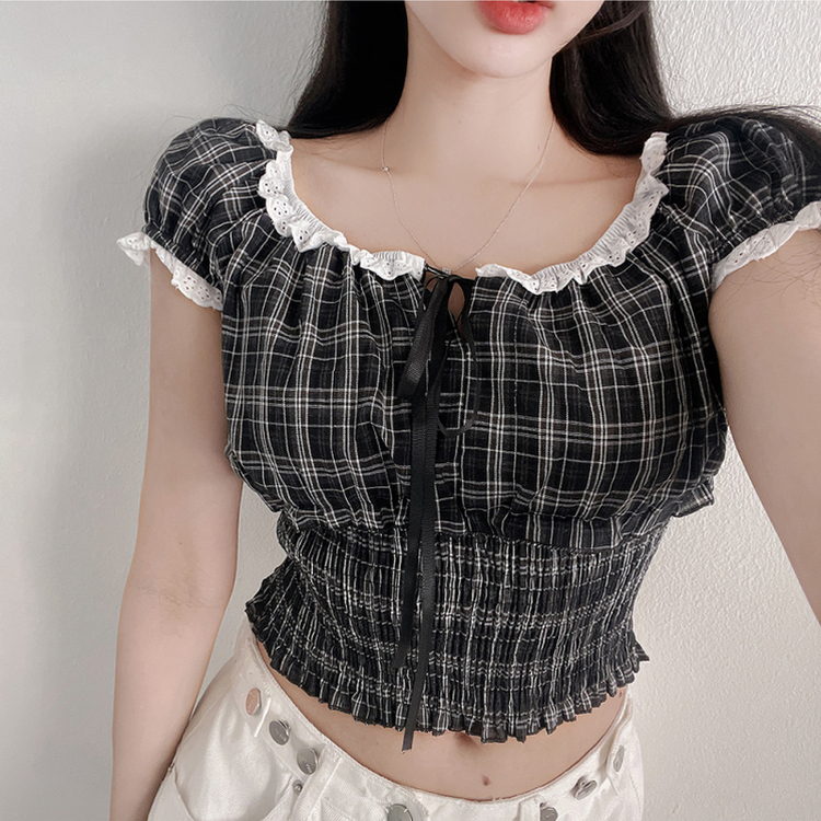 チェックリボンオフショルダーブラウス BLACK