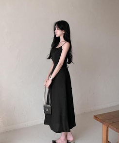 ロングワンピース リンクルキャミソールロングワンピース BLACK