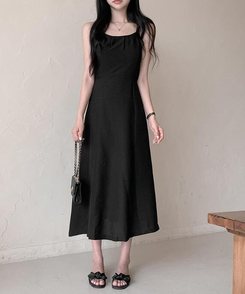 ロングワンピース リンクルキャミソールロングワンピース BLACK
