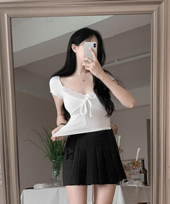 半袖Tシャツ レースリボンリンクル半袖Tシャツ IVORY