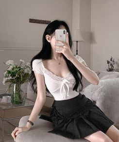 半袖Tシャツ レースリボンリンクル半袖Tシャツ IVORY