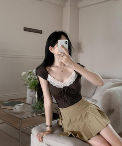 半袖Tシャツ レースリボンリンクル半袖Tシャツ CHESTNUT BROWN