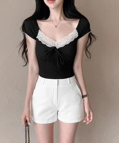 半袖Tシャツ レースリボンリンクル半袖Tシャツ BLACK