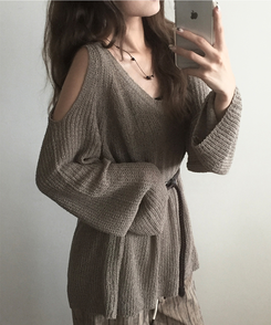 ニット ショルダースリットルーズネットニット BROWN