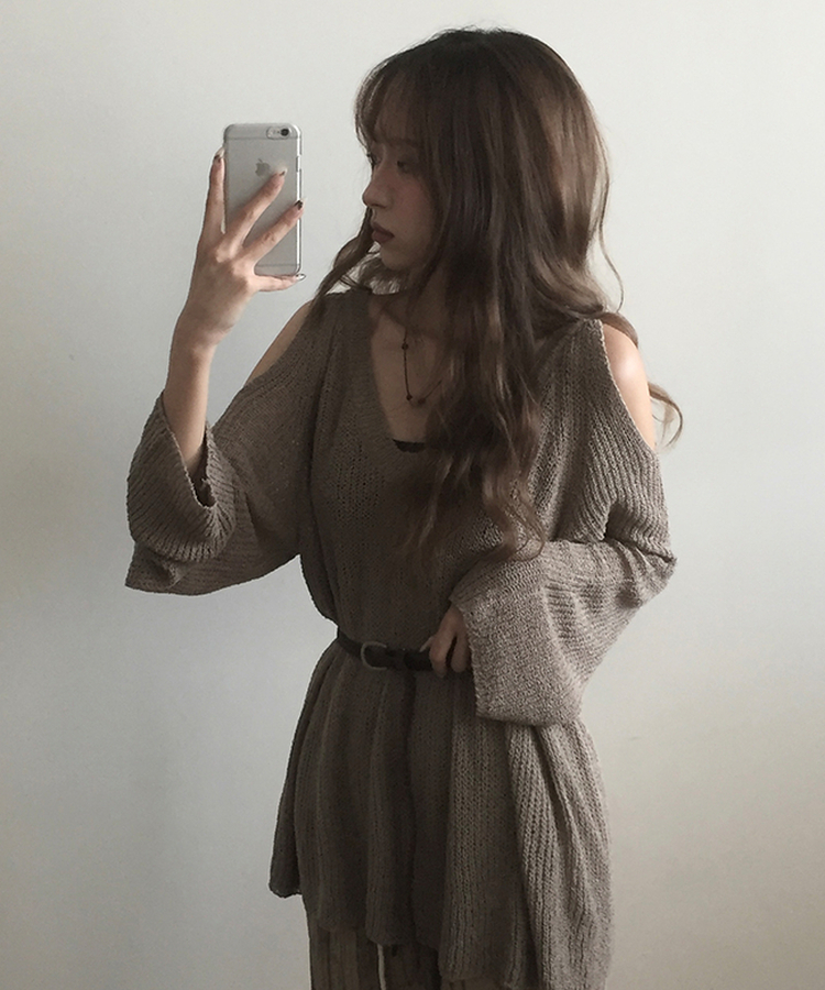 ショルダースリットルーズネットニット BROWN