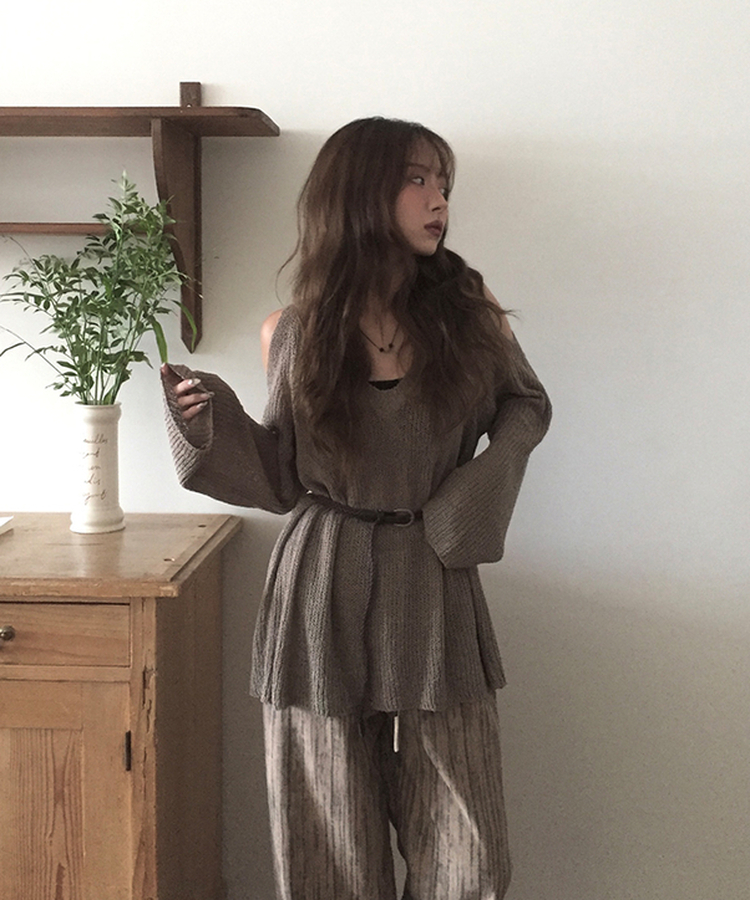 ショルダースリットルーズネットニット BROWN