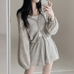 ツーピース 【3pcSET】クールシースルーフードジップアップ キャミソール パンツ GREY